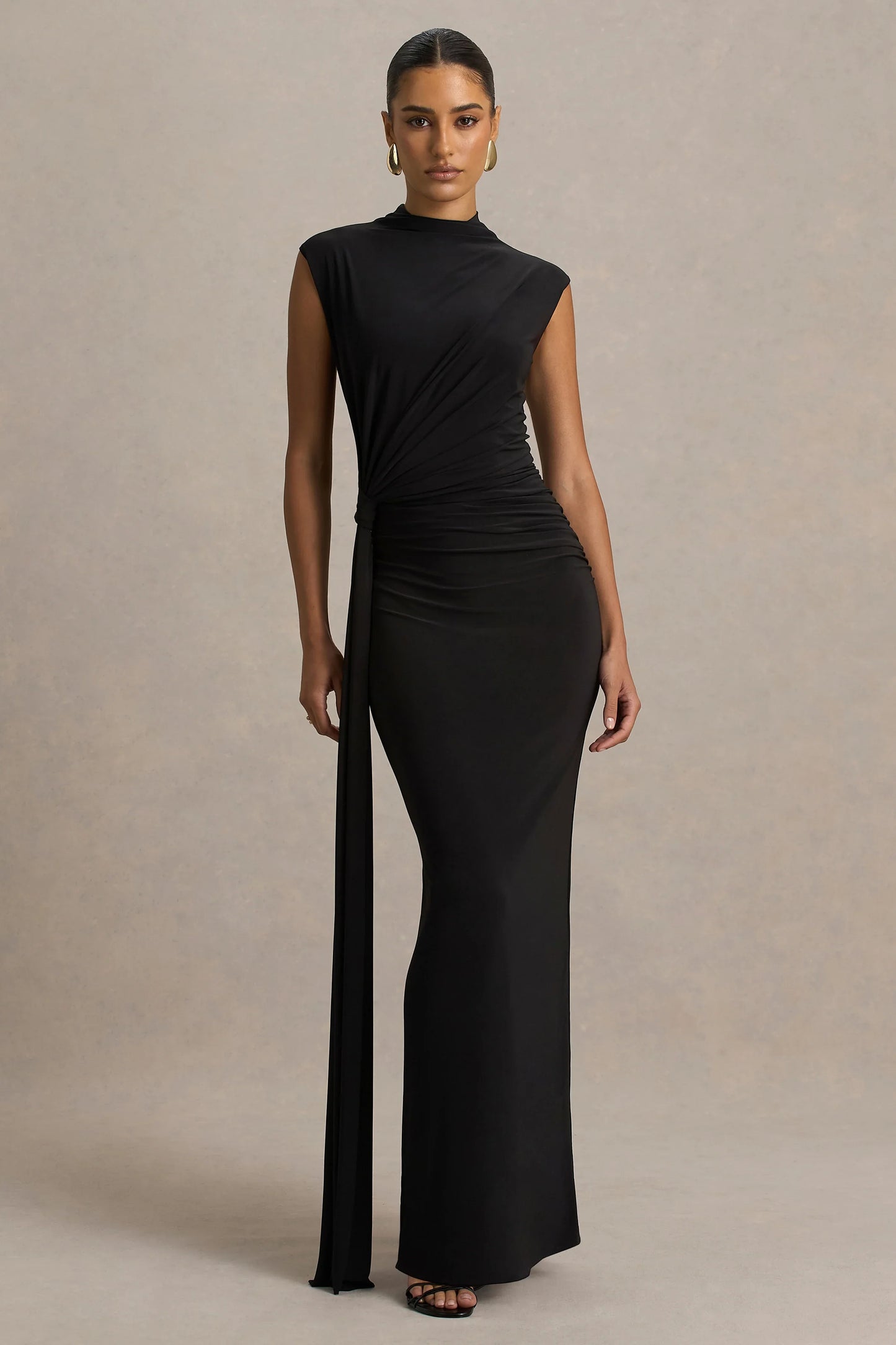 Solene Black High Neck Maxi Dress With Wrap And Drape Detail