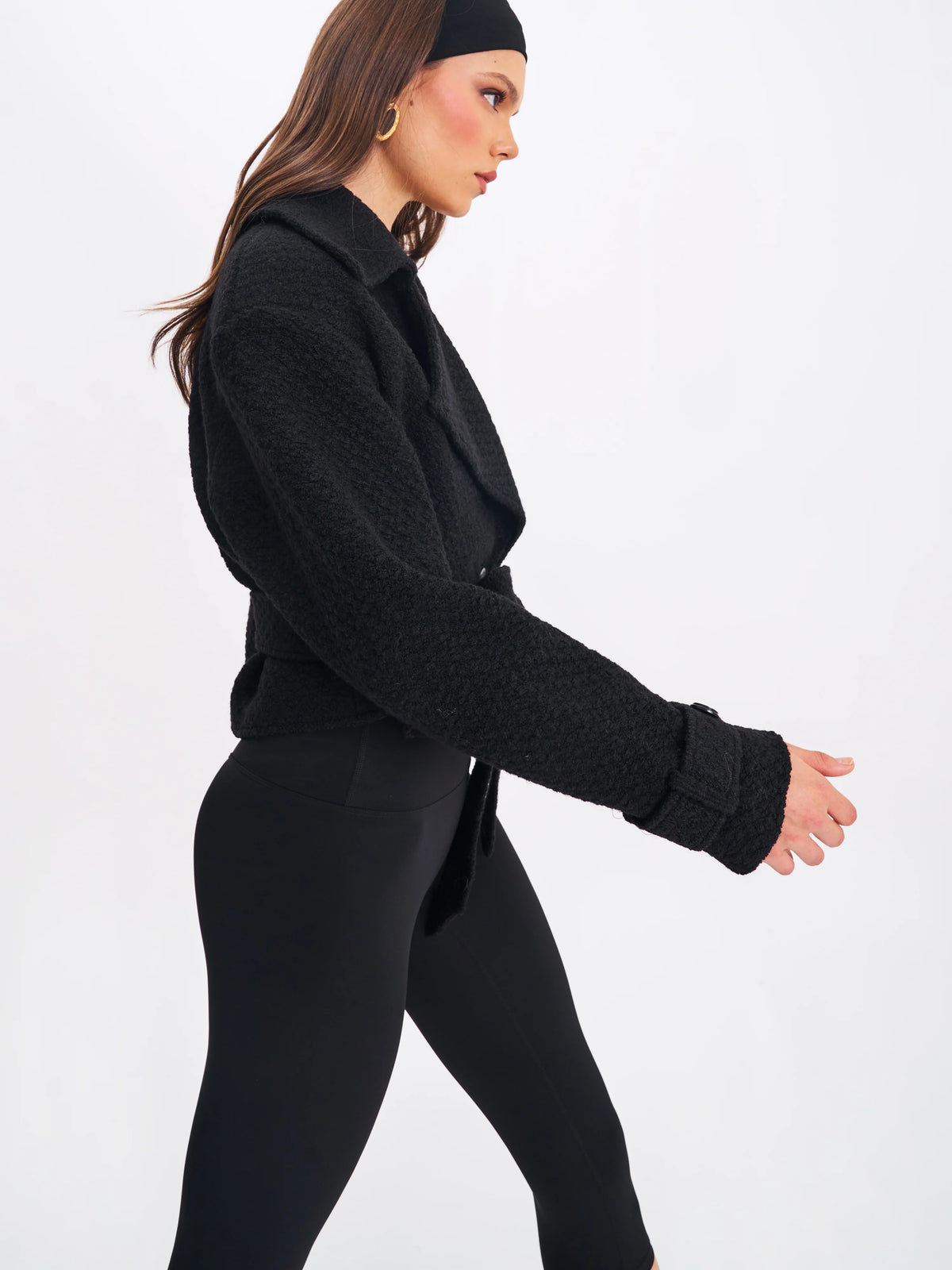 Dara Black Wool Blend Cropped Double Breasted Belted Coat