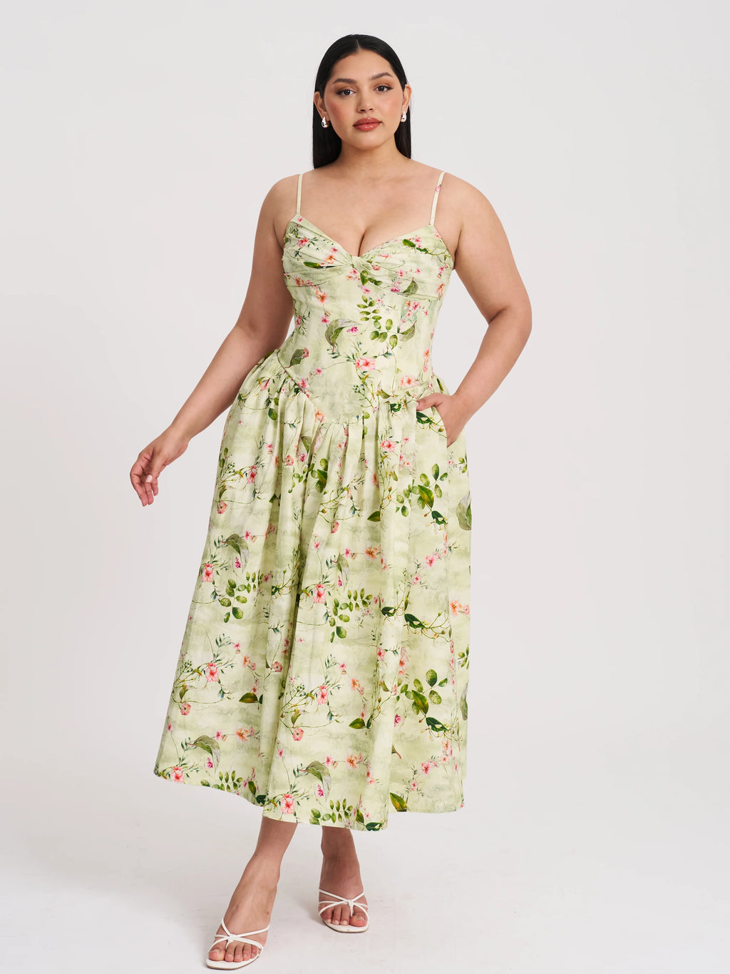 Jacinda Green Floral Print Linen Midi Dress