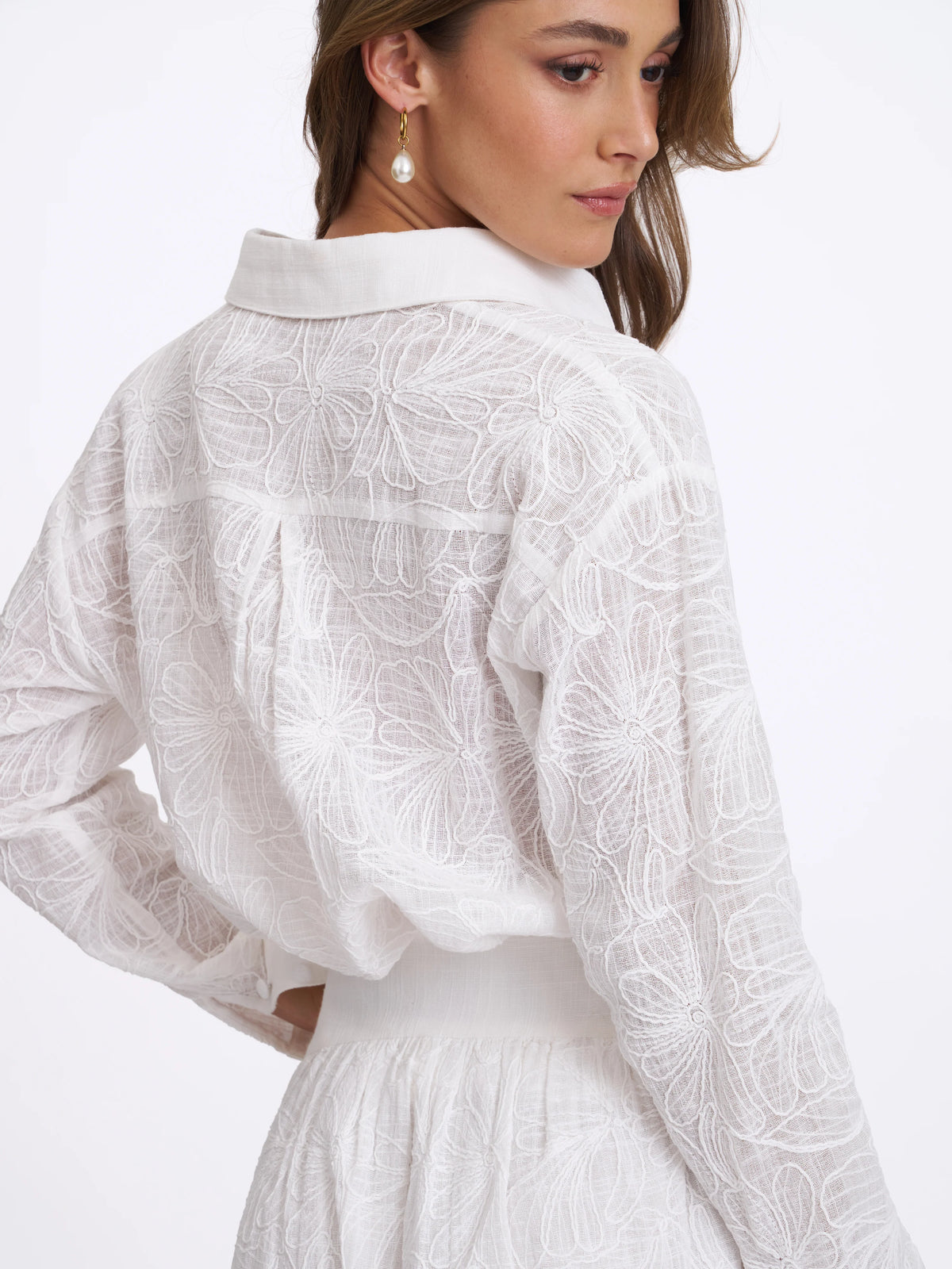 Quintina White Embroidered Cotton Gauze Button Down Shirt