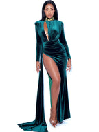 Zenaida Emerald Green Cutout High Slit Velvet Gown Archive Sale