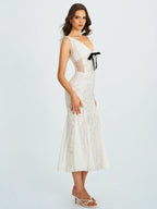Paola White Peter Pan Collar Beaded Sequin Mermaid Midi Dress