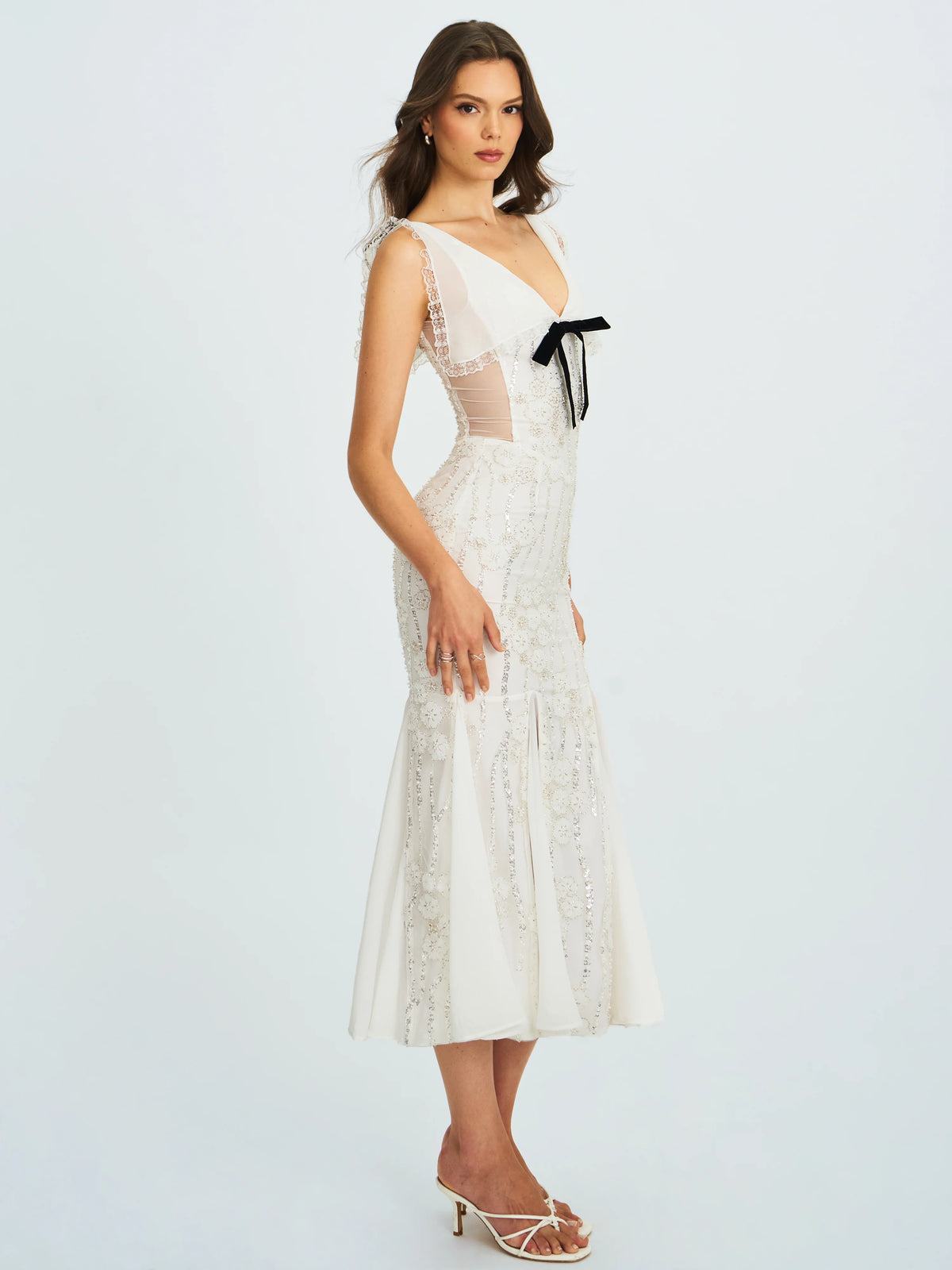 Paola White Peter Pan Collar Beaded Sequin Mermaid Midi Dress