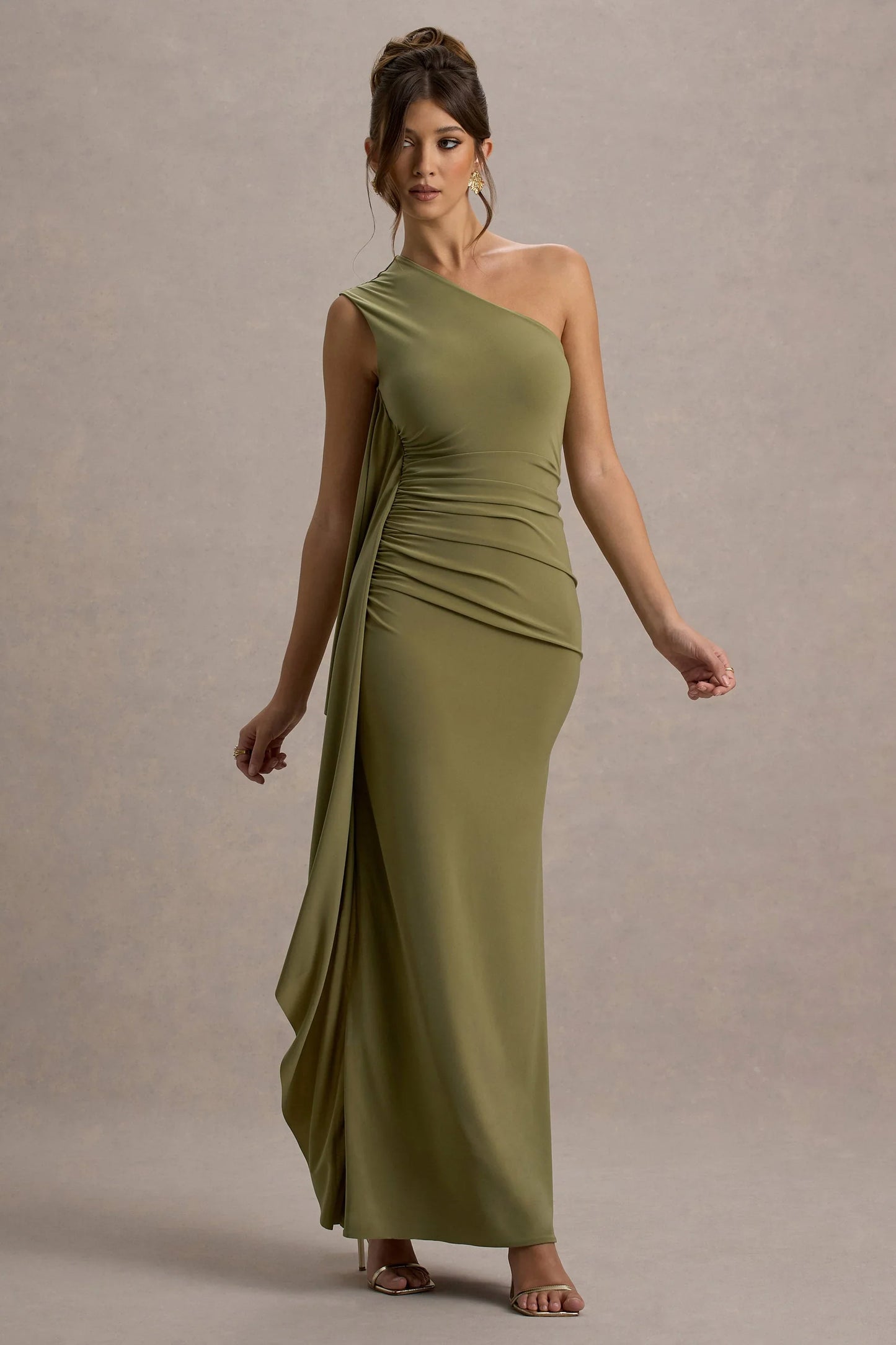 Adelina Olive One Shoulder Maxi Dress With Drape