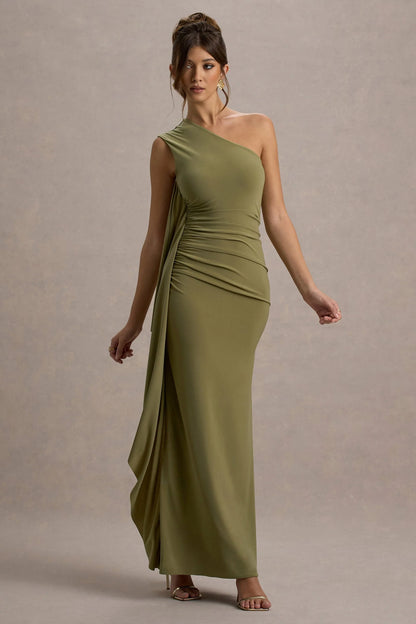 Adelina Olive One Shoulder Maxi Dress With Drape