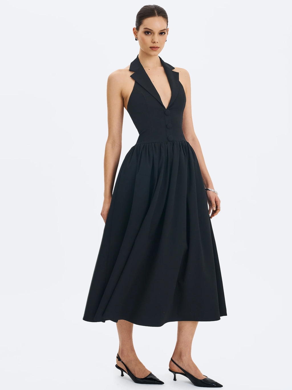 Delaney Black Lapel Halter Midi A Line Dress