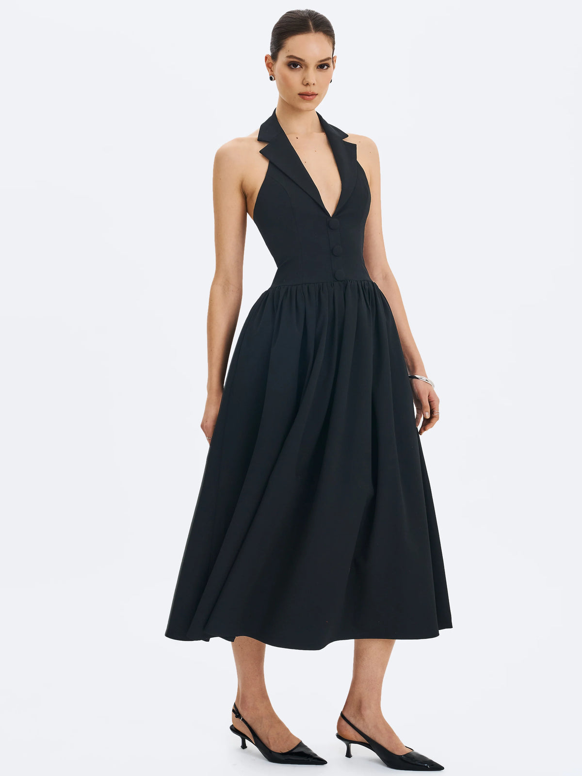 Delaney Black Lapel Halter Midi A Line Dress