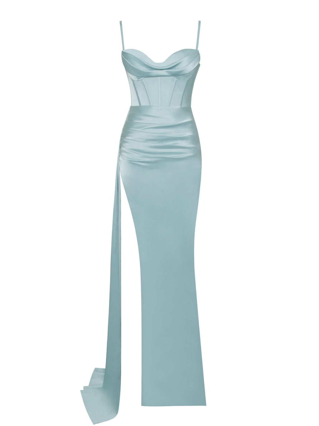 Elayna Pale Blue Strappy Satin Corset High Slit Gown Archive Sale