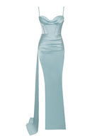Elayna Pale Blue Strappy Satin Corset High Slit Gown Archive Sale