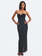 Preslie Black Satin Crystal Mesh Sheath Maxi Dress