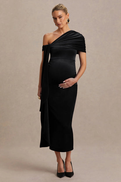 Zena Black Velvet Asymmetric Neck Maternity Midi Dress With Knot And Sash Detail