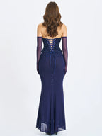 Orabelle Navy Beaded Peplum Mermaid Maxi Gown with Lace up Back