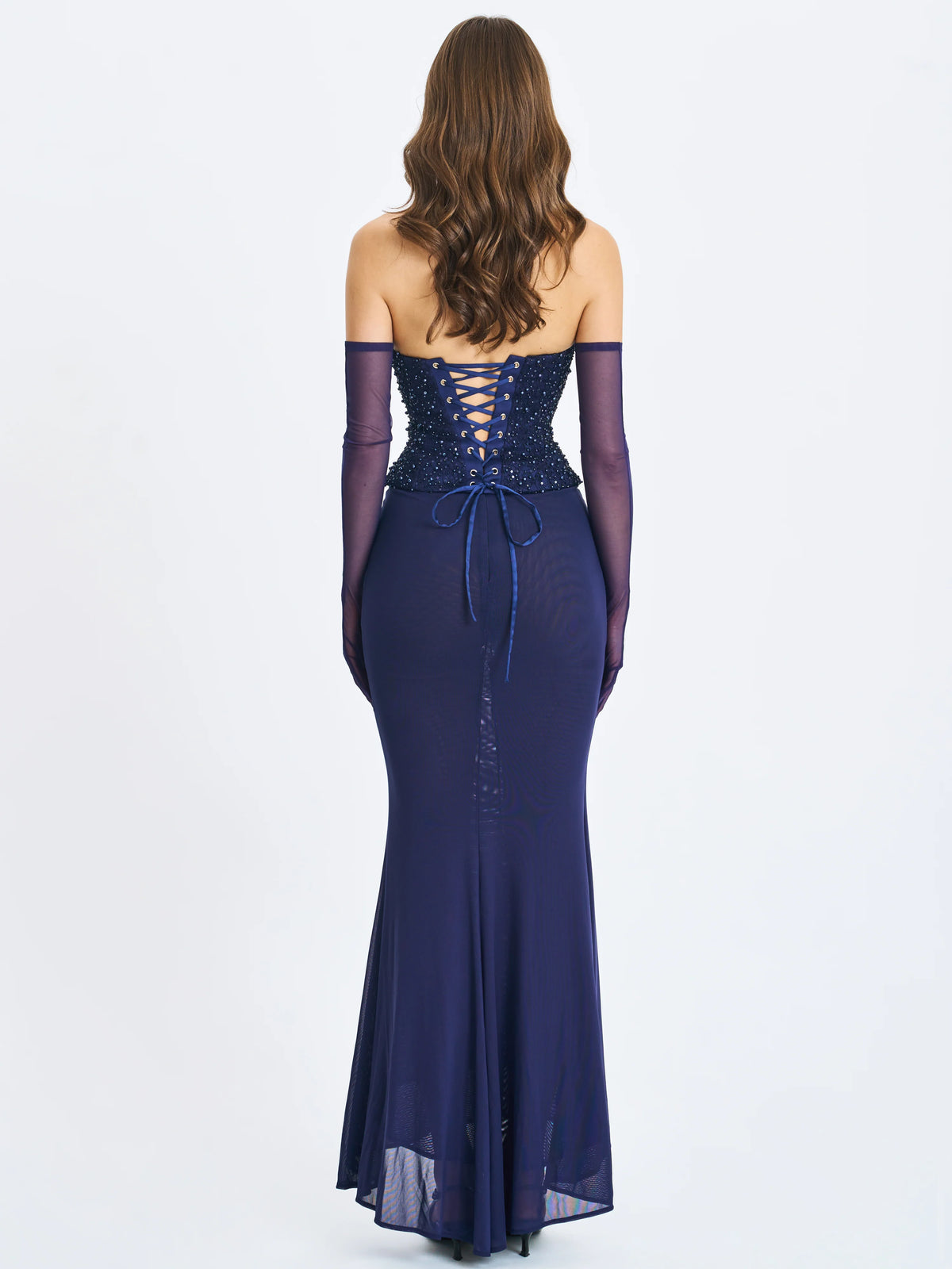 Orabelle Navy Beaded Peplum Mermaid Maxi Gown with Lace up Back