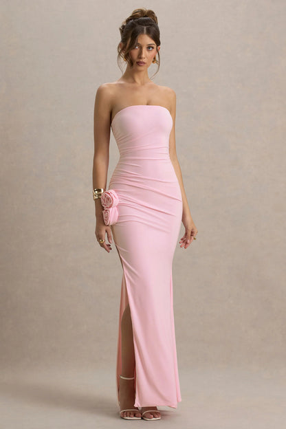 My Muse Pink Ruched Bandeau Split Maxi Dress With Flowers