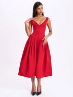 Nahla Red Drop Waist Midi Dress with Buttons