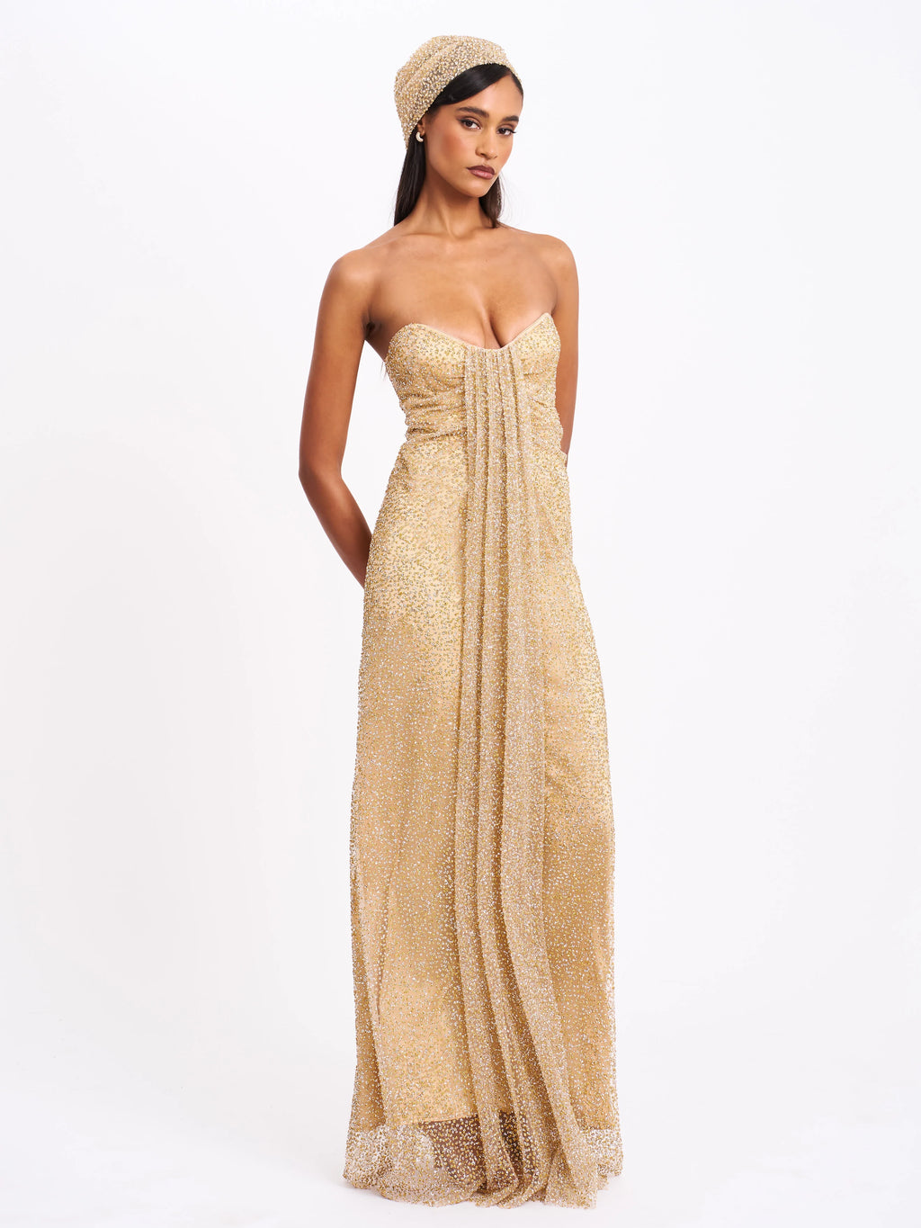 Ada Gold Rhinestone Embellished Strapless Gown with Head Scarf