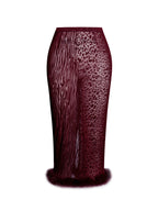 Halia Burgundy Animal Print Burnout Velvet Fur Trim Skirt