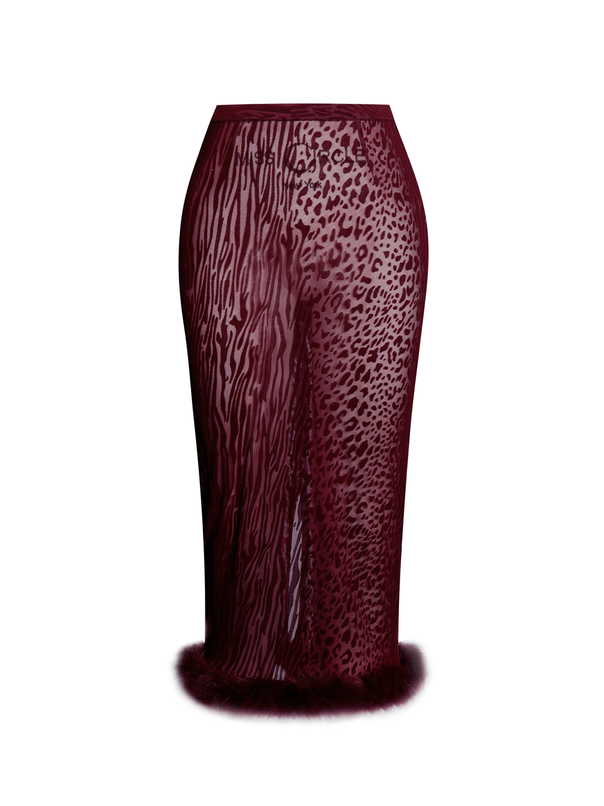 Halia Burgundy Animal Print Burnout Velvet Fur Trim Skirt