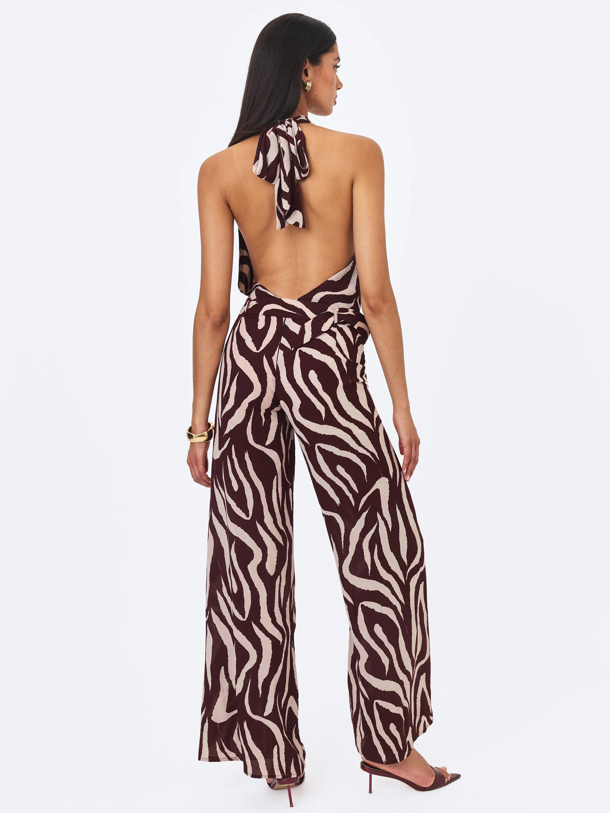 Ashlyn Burgundy Beige Abstract Zebra Print Belted Halter Jumpsuit
