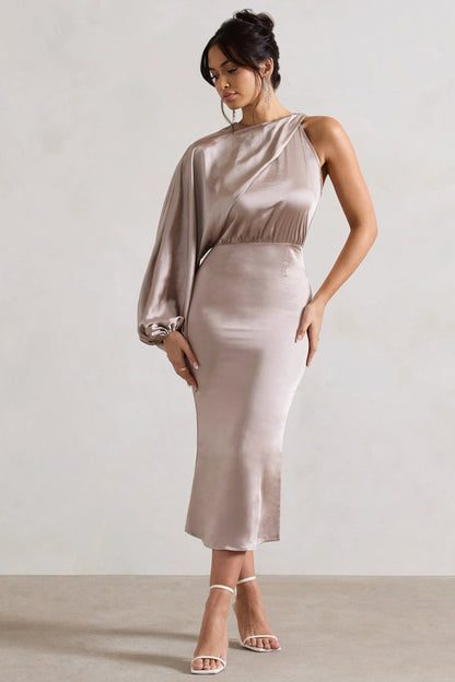 Nola Taupe Satin One Sleeve Midi Dress