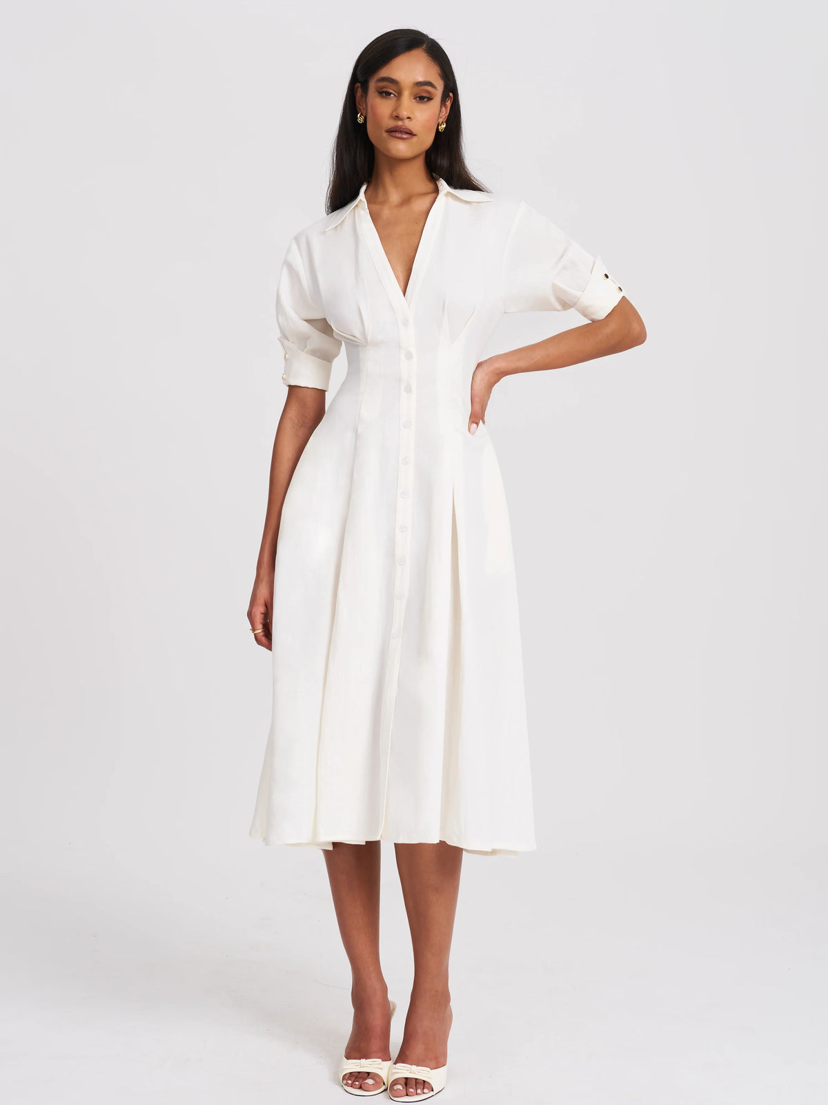 Palina White Lyocell Pleated Midi Preppy Shirt Dress
