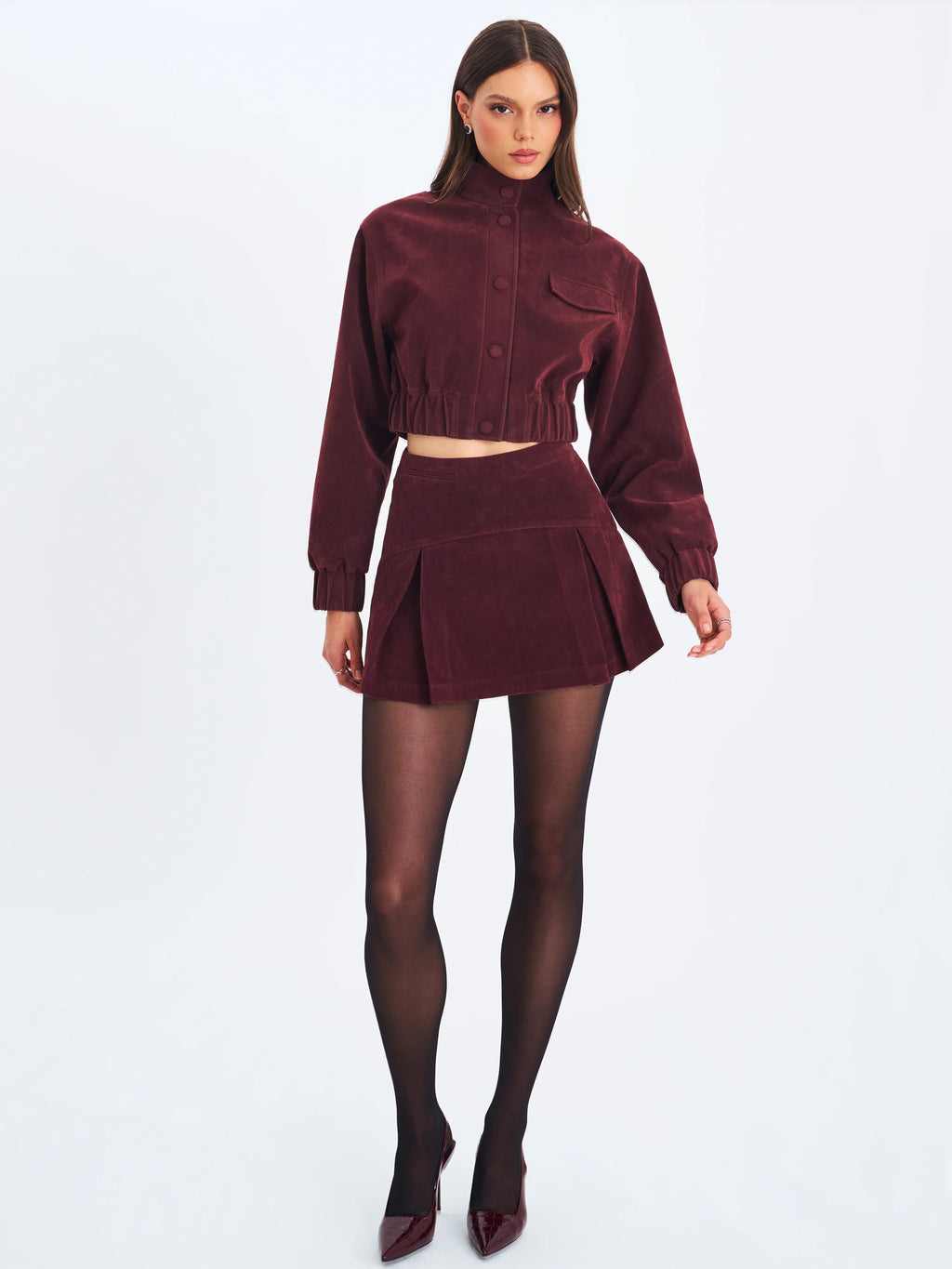 Faryn Mahogany Vegan Suede Pleated A Line Mini Skirt