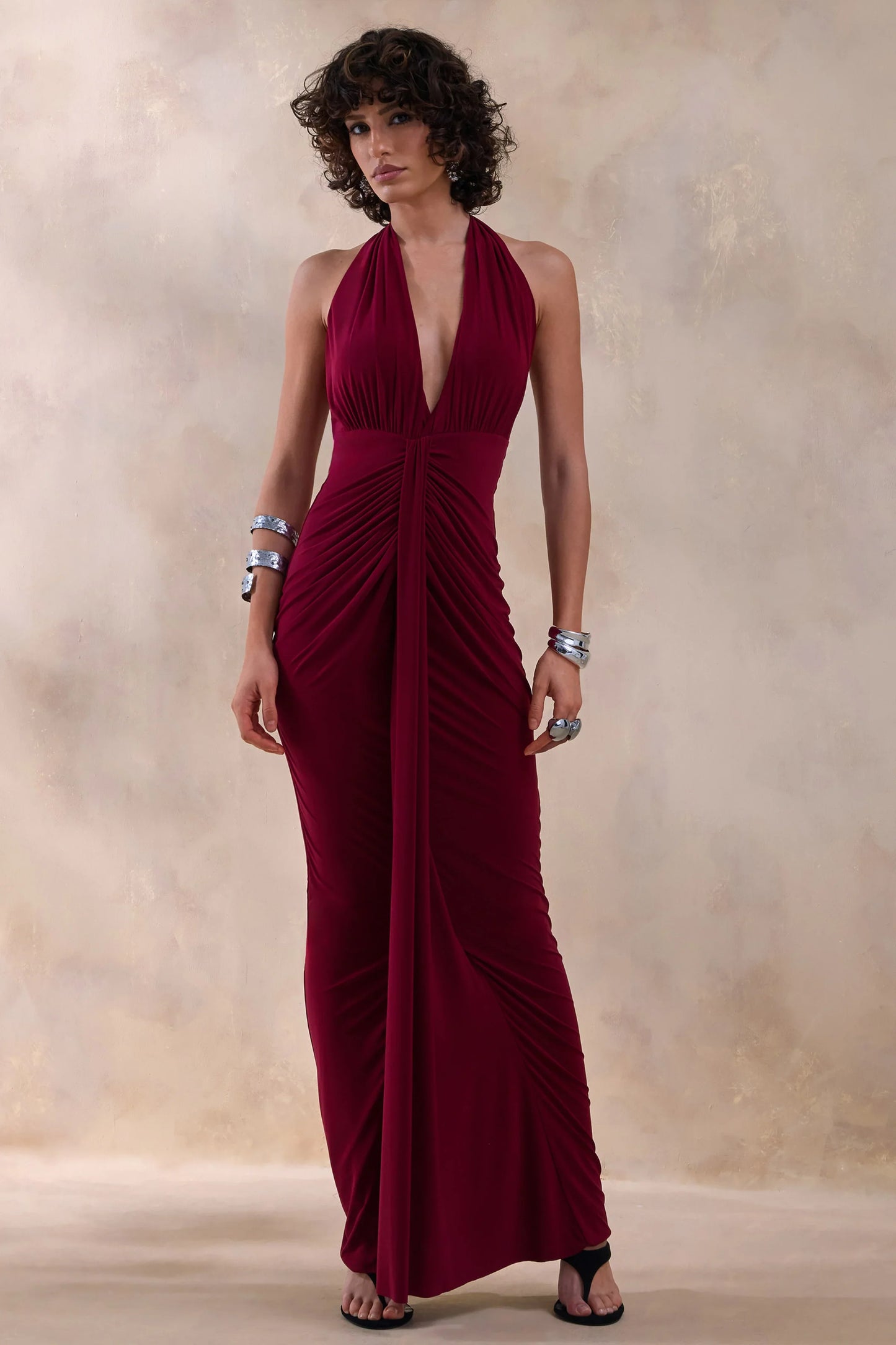 Lesley Burgundy Plunge Neck Maxi Dress