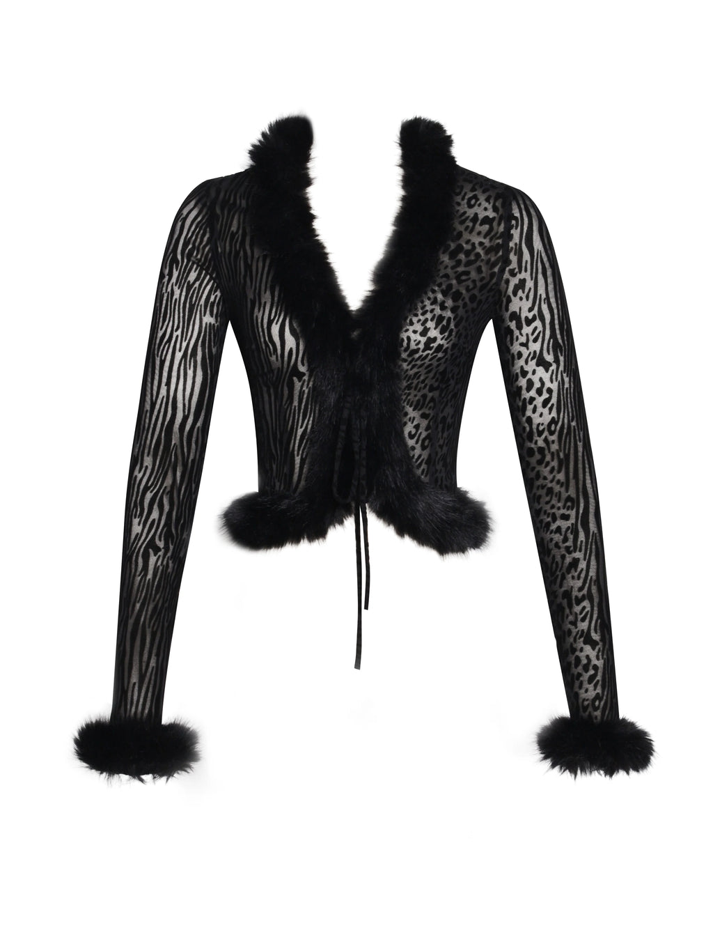 Hali Black Animal Print Burnout Velvet Fur Trim Top