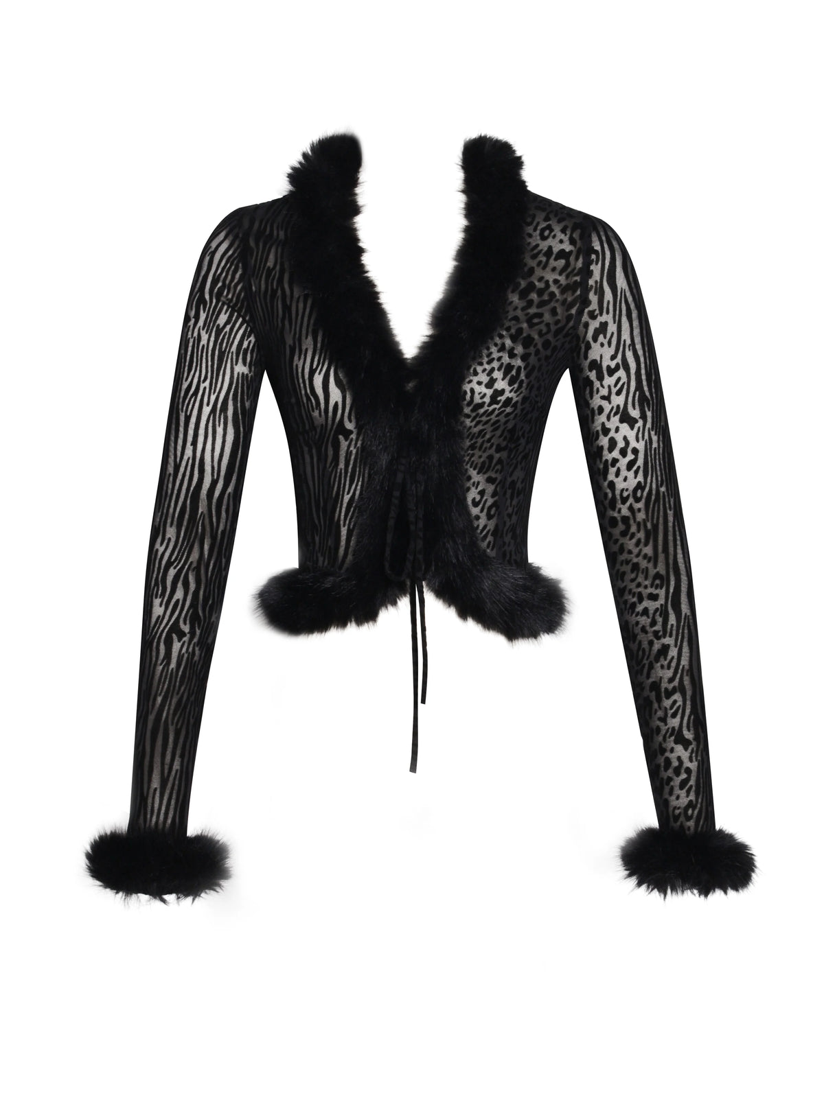 Hali Black Animal Print Burnout Velvet Fur Trim Top