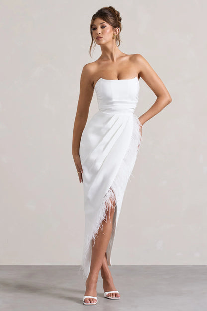 Chosen White Bandeau Wrap Maxi Dress With Feather Trim