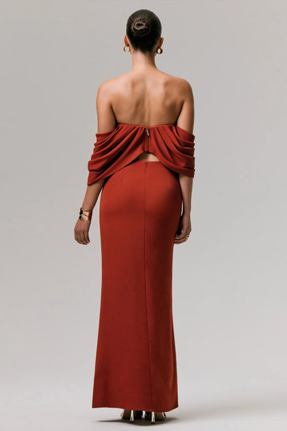 Zelina Terracotta Mid Rise Maxi Skirt with Split