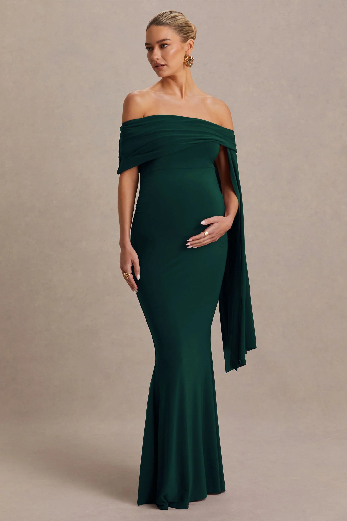 Aquila Bottle Green Bardot Maternity Maxi Dress With Draped Detail