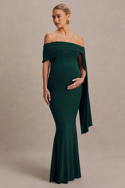 Aquila Bottle Green Bardot Maternity Maxi Dress With Draped Detail