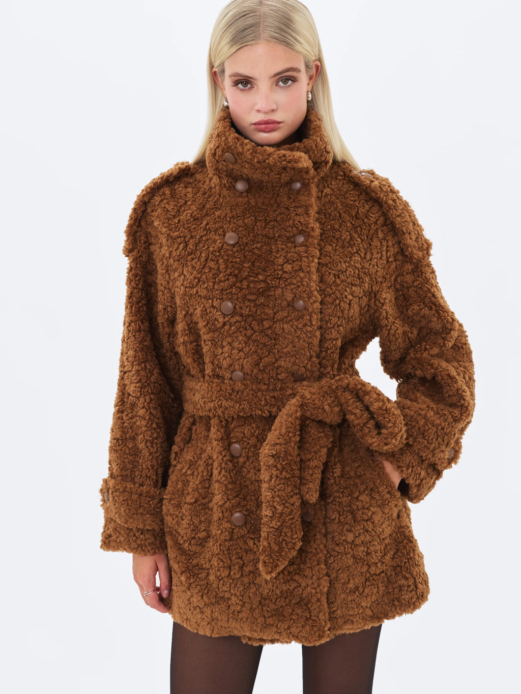 Marlow Chestnut Teddy Fur Funnel Collar Belted Mini Coat