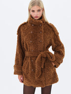 Marlow Chestnut Teddy Fur Funnel Collar Belted Mini Coat