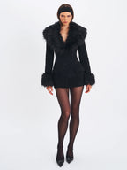Hailee Black Single Breasted Wool Blend Mini Coat with Removable Fur Lapel