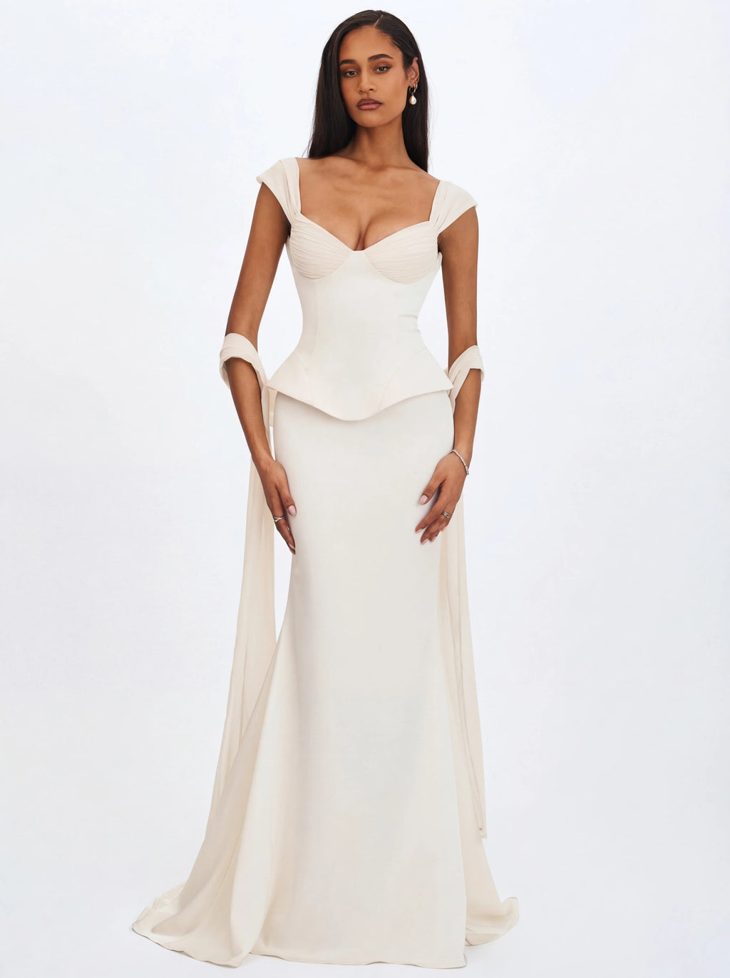 Jessalyn Ivory Sweetheart Peplum Mermaid Wedding Dress with Chiffon Scarf
