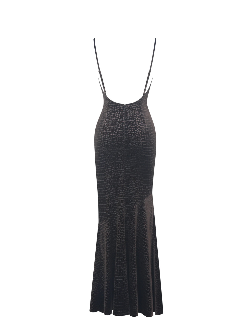 Veronique Brown Croc Embossed Velvet Cowl Neck Mermaid Maxi Dress