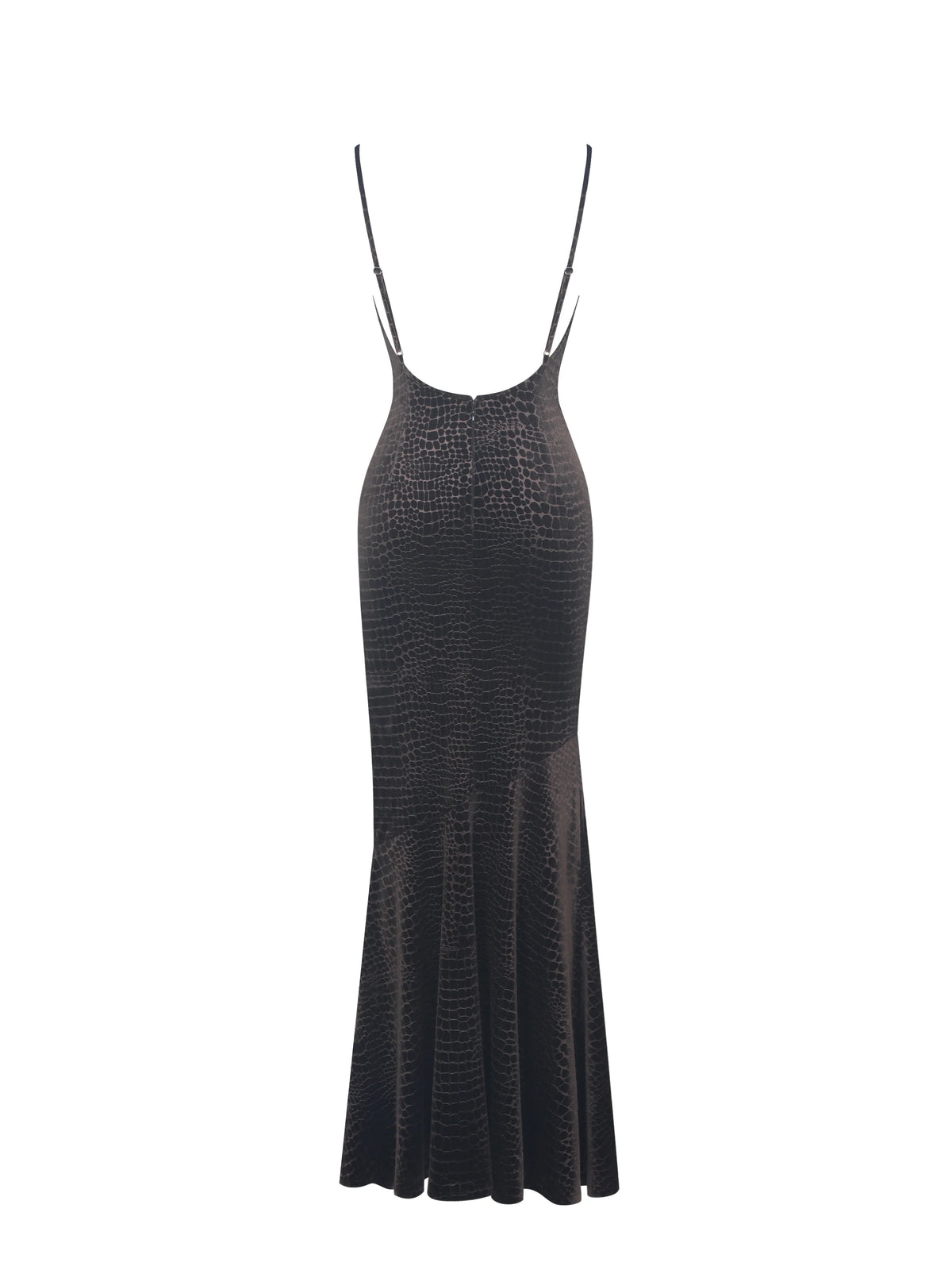 Veronique Brown Croc Embossed Velvet Cowl Neck Mermaid Maxi Dress