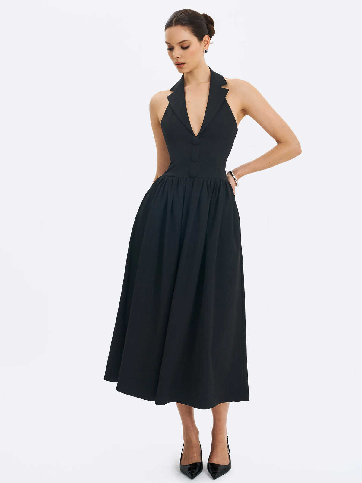 Delaney Black Lapel Halter Midi A Line Dress