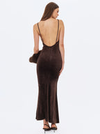 Veronique Brown Croc Embossed Velvet Cowl Neck Mermaid Maxi Dress
