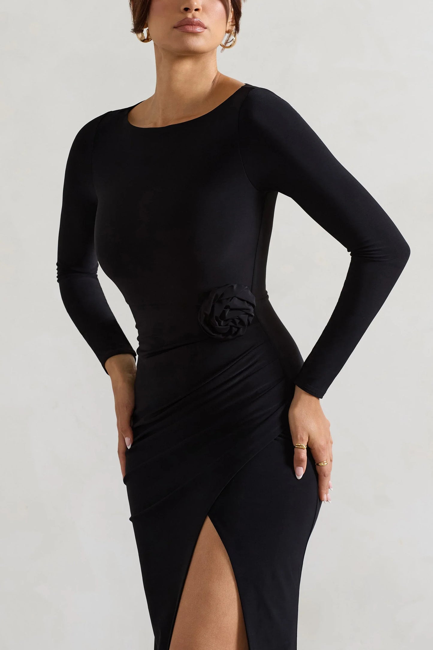 Makayla Black Long Sleeve Wrap Maxi Dress With Corsages