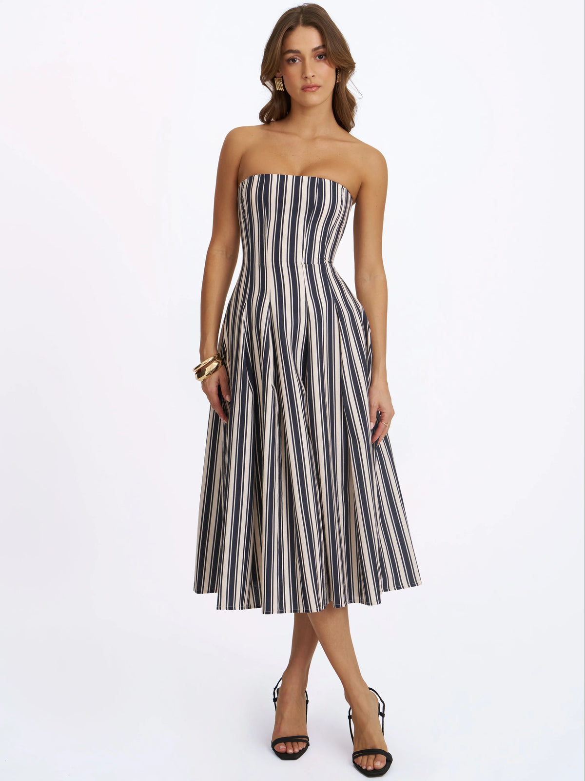 Wyanne Black White Linen Striped Strapless Midi Dress