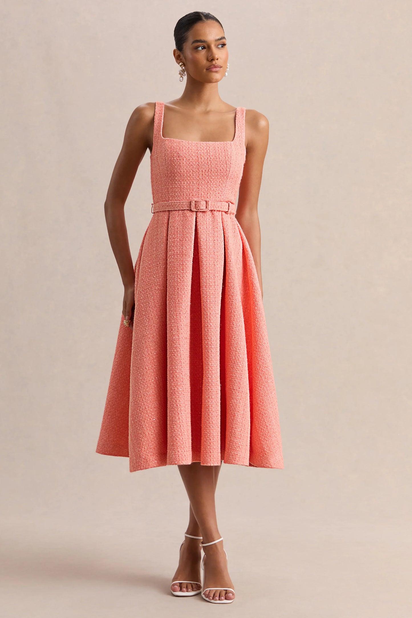 Camoria Coral Boucle Square Neck Midi Dress