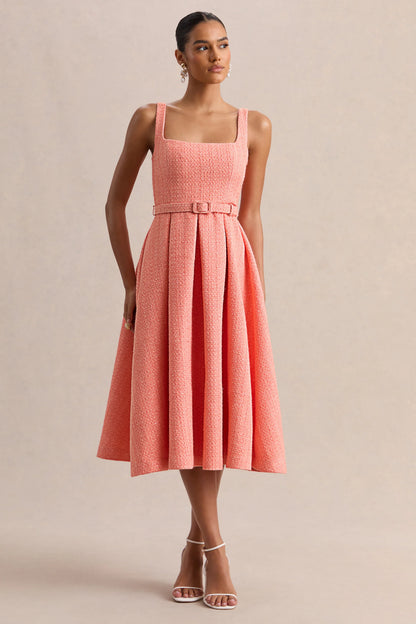 Camoria Coral Boucle Square Neck Midi Dress