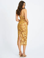 Edie Gold Beaded Sequin Midi Pencil Dress