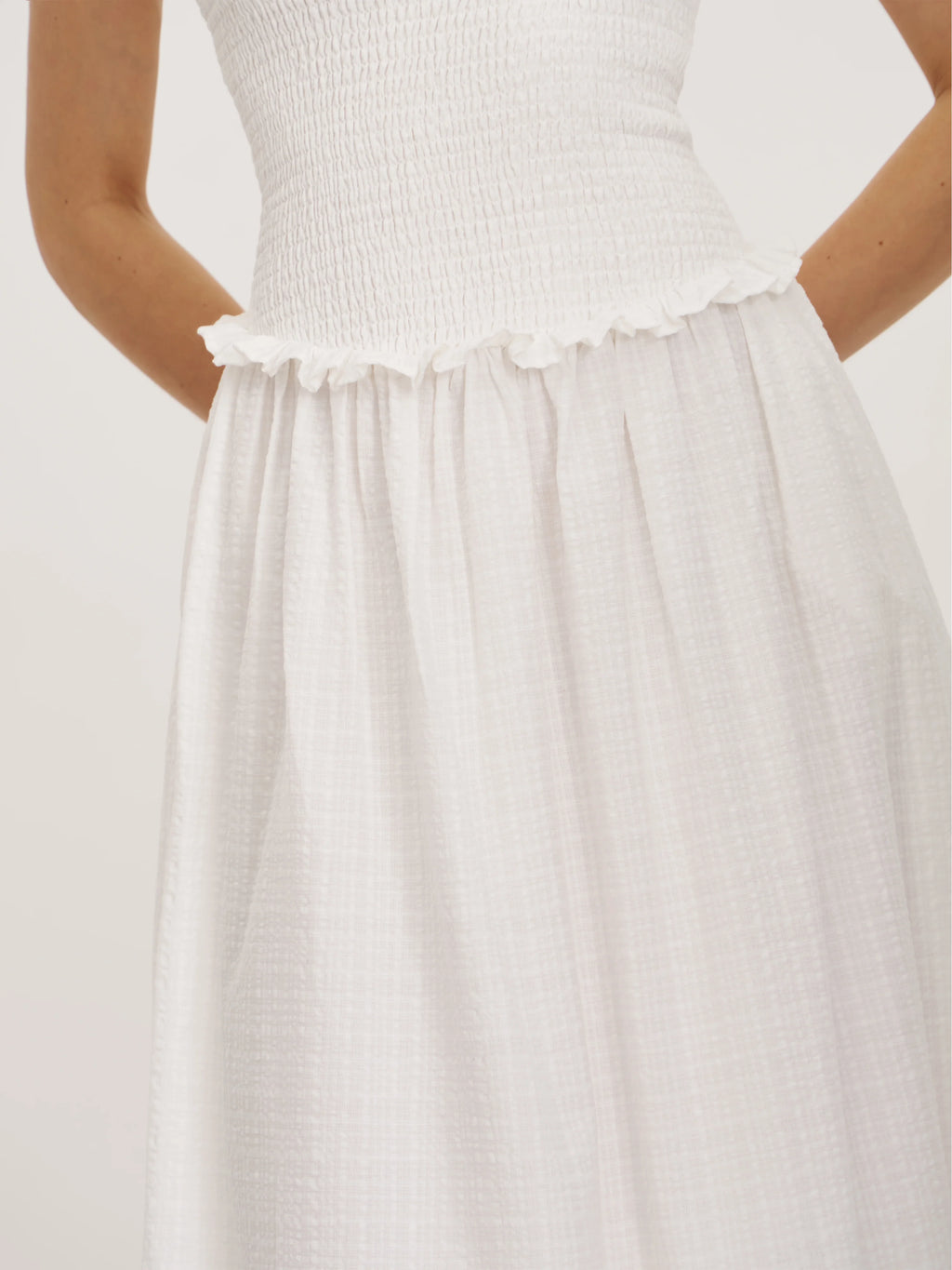 Quadiya White Cotton Seersucker Smocked Strapless Midi Dress Archive Sale