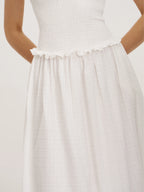 Quadiya White Cotton Seersucker Smocked Strapless Midi Dress Archive Sale