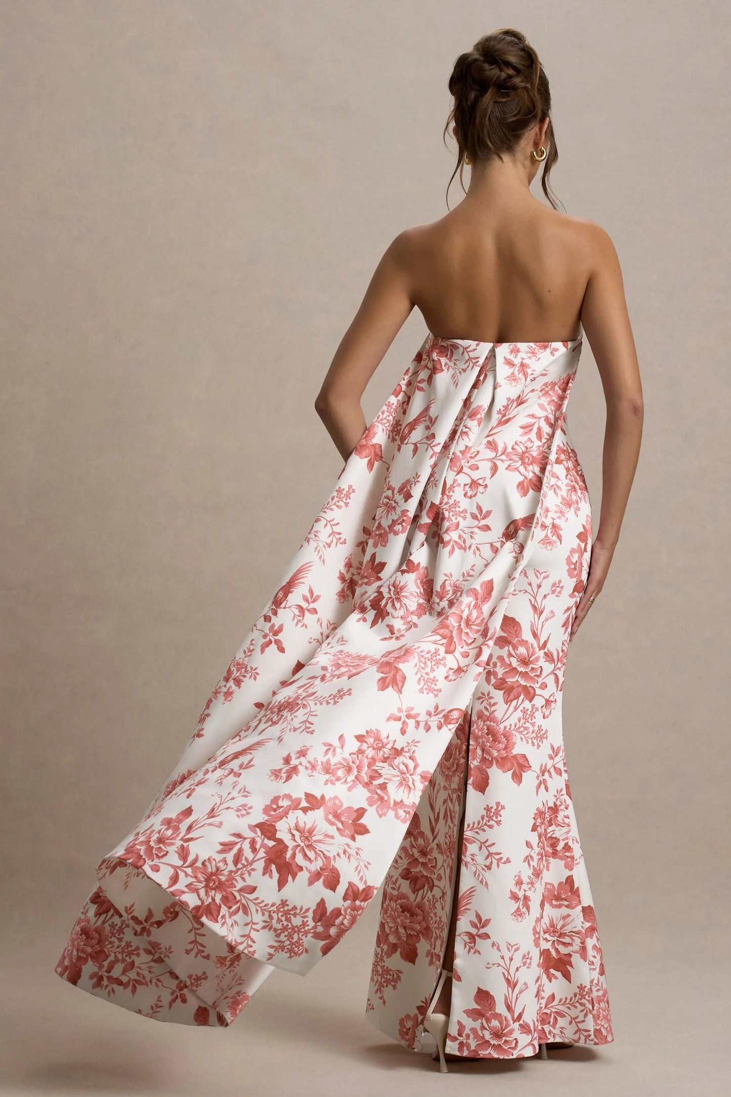 Lywenn Pink Porcelain Print Bandeau Maxi Dress With Cape