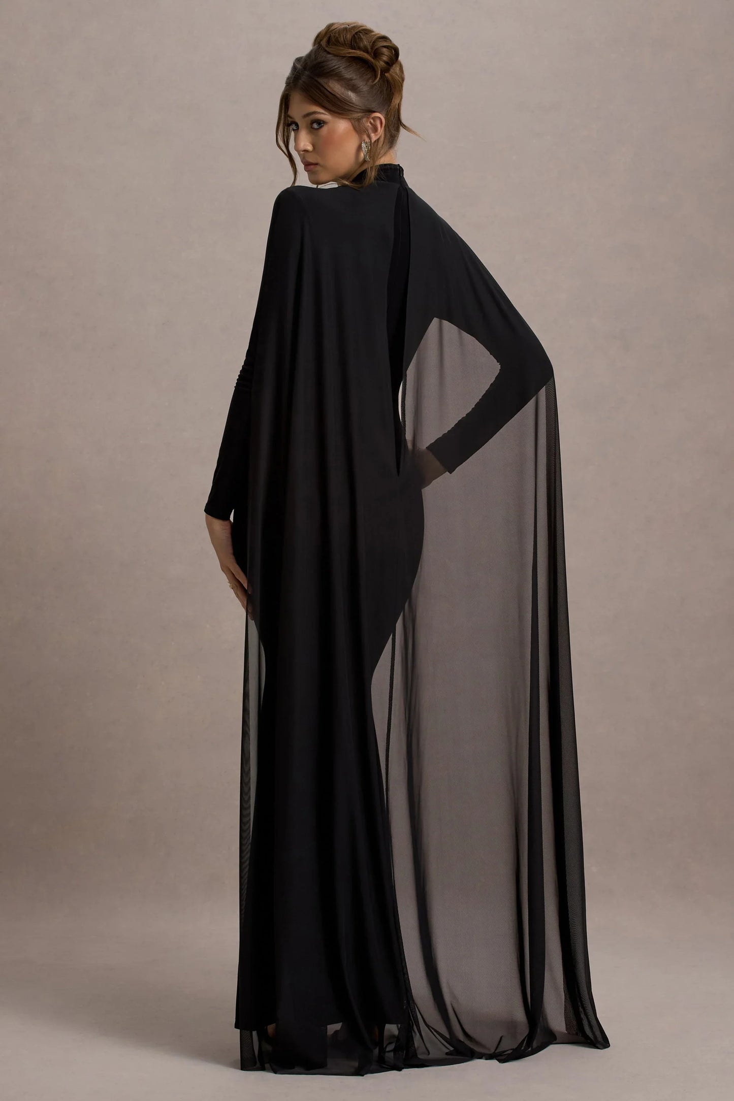 La Nuit Black High Neck Long Sleeve Maxi Dress With Cape